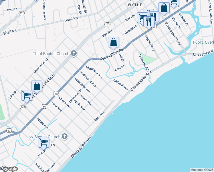 map of restaurants, bars, coffee shops, grocery stores, and more near 67 Claremont Avenue in Hampton