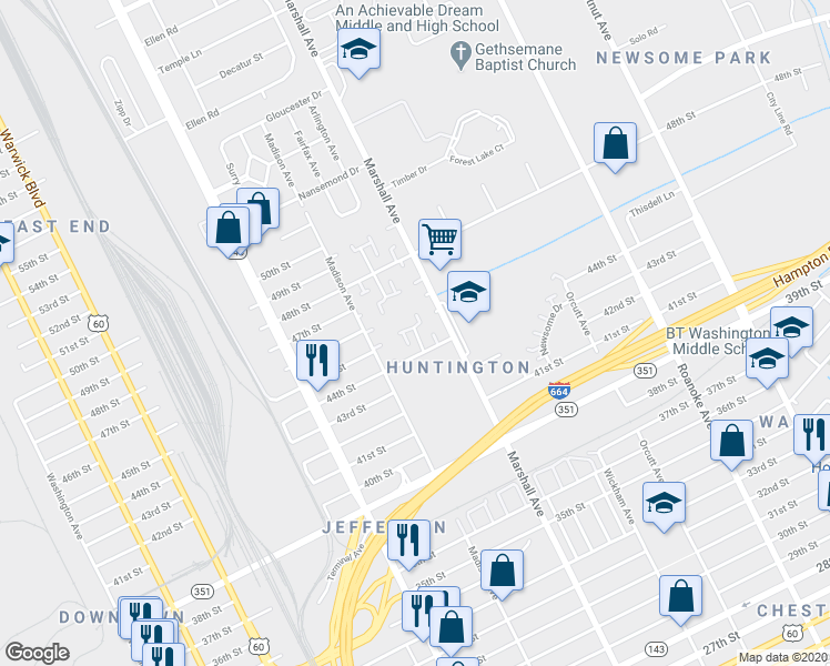 map of restaurants, bars, coffee shops, grocery stores, and more near 4501 Baughman Court in Newport News
