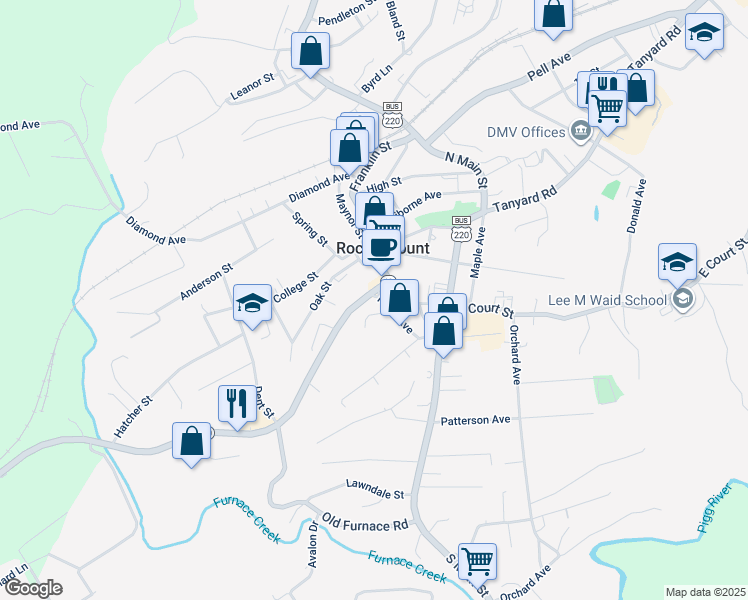 map of restaurants, bars, coffee shops, grocery stores, and more near 550 Franklin Street in Rocky Mount