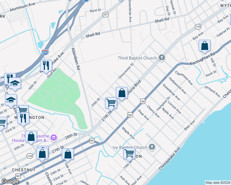 map of restaurants, bars, coffee shops, grocery stores, and more near 381 Sampson Avenue in Hampton