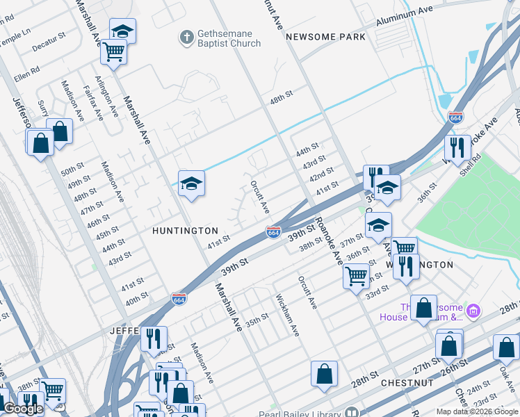 map of restaurants, bars, coffee shops, grocery stores, and more near 4239 Orcutt Avenue in Newport News