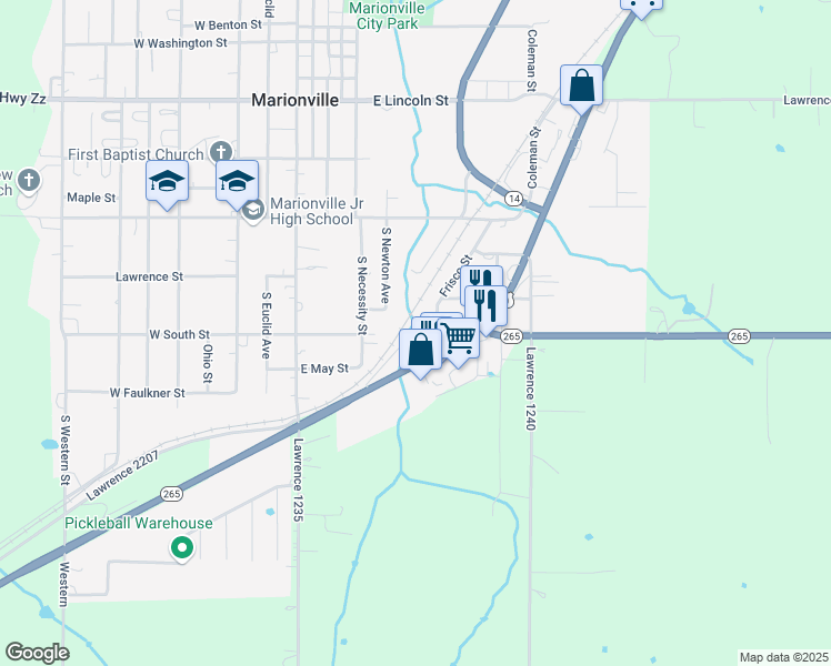 map of restaurants, bars, coffee shops, grocery stores, and more near 501 South Frisco in Marionville