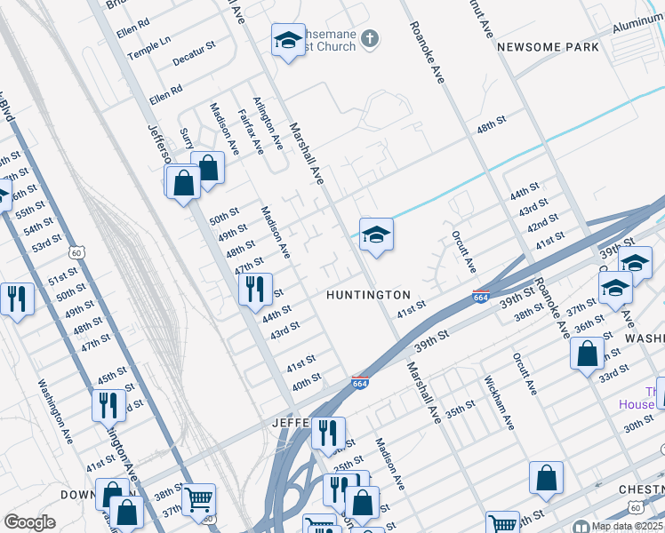 map of restaurants, bars, coffee shops, grocery stores, and more near 4507 Baughman Court in Newport News