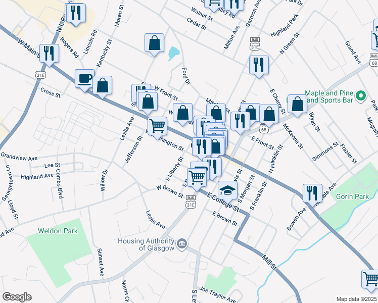 map of restaurants, bars, coffee shops, grocery stores, and more near 229 West Washington Street in Glasgow