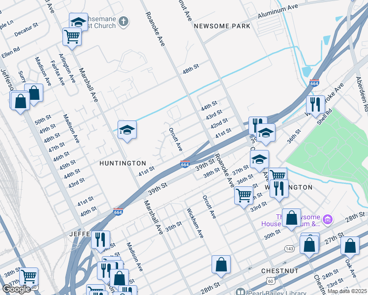 map of restaurants, bars, coffee shops, grocery stores, and more near 4106 Orcutt Avenue in Newport News