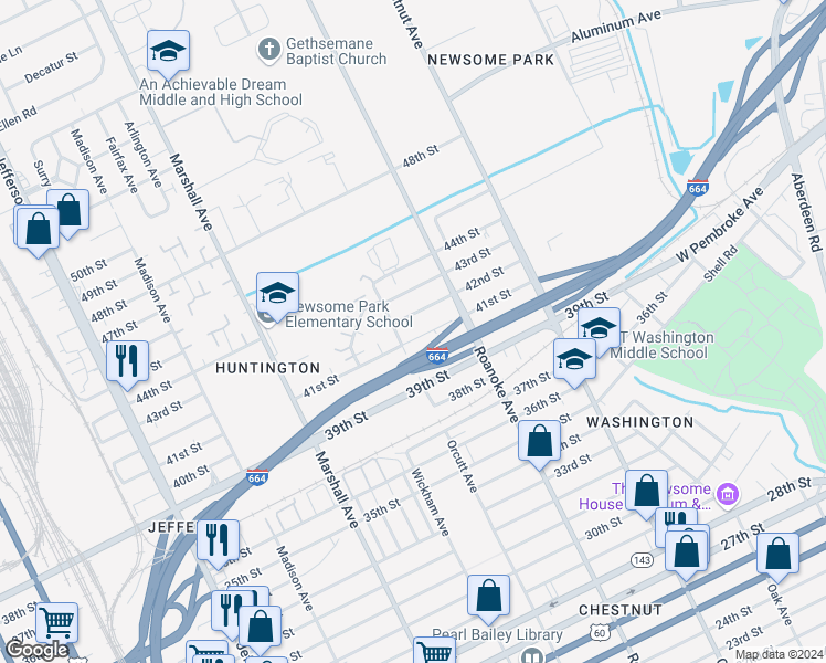 map of restaurants, bars, coffee shops, grocery stores, and more near 1013 41st Street in Newport News