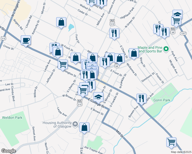 map of restaurants, bars, coffee shops, grocery stores, and more near 115 East Main Street in Glasgow