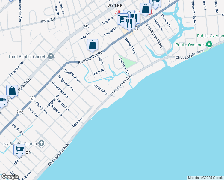 map of restaurants, bars, coffee shops, grocery stores, and more near 1413 Chesapeake Avenue in Hampton
