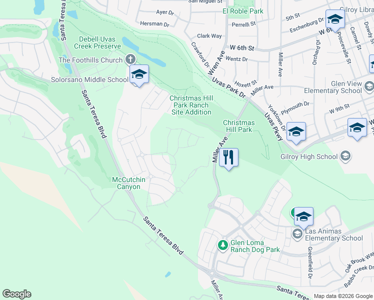 map of restaurants, bars, coffee shops, grocery stores, and more near 7140 Rece Lane in Gilroy