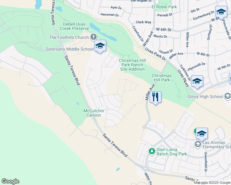 map of restaurants, bars, coffee shops, grocery stores, and more near 7101 Hakkan Drive in Gilroy