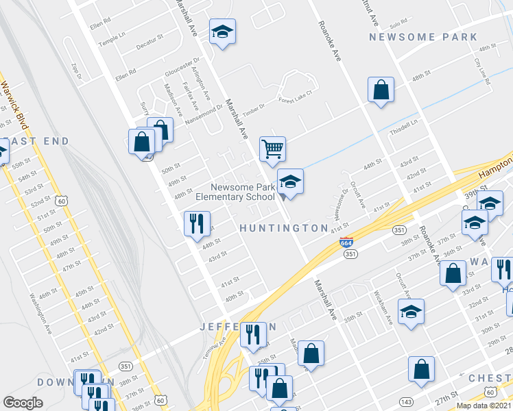 map of restaurants, bars, coffee shops, grocery stores, and more near 4416 Baughman Court in Newport News