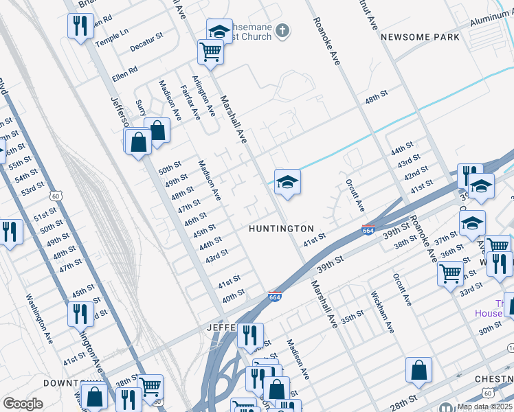 map of restaurants, bars, coffee shops, grocery stores, and more near 4510 Baughman Court in Newport News