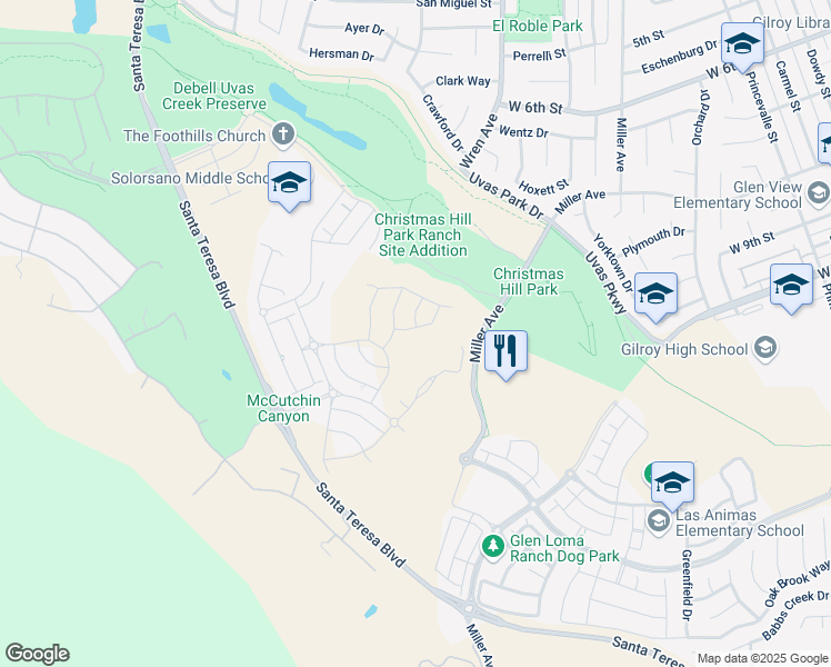 map of restaurants, bars, coffee shops, grocery stores, and more near 6987-7025 Miller Avenue in Gilroy