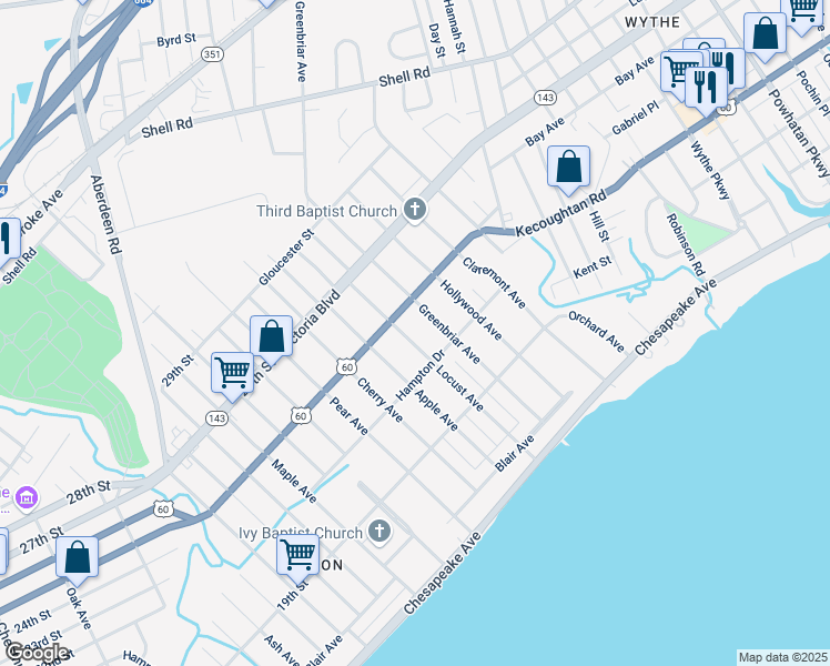 map of restaurants, bars, coffee shops, grocery stores, and more near 236 Locust Avenue in Hampton