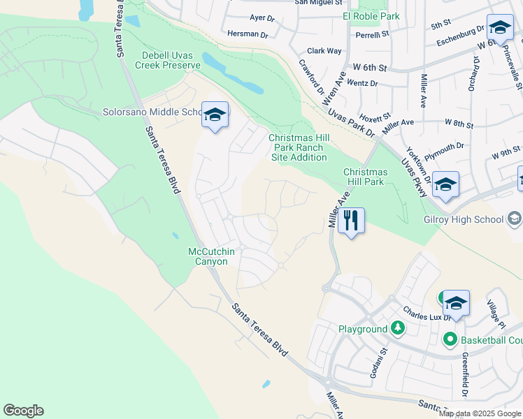 map of restaurants, bars, coffee shops, grocery stores, and more near 7101 Hakkan Drive in Gilroy