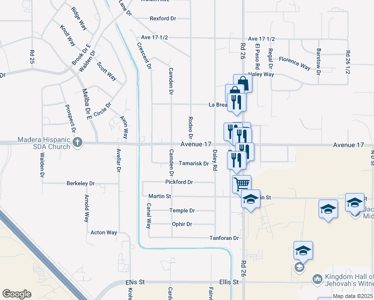 map of restaurants, bars, coffee shops, grocery stores, and more near 25732 Avenue 17 in Madera