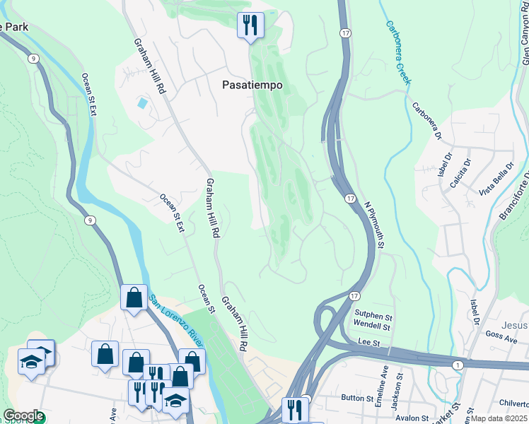 map of restaurants, bars, coffee shops, grocery stores, and more near 50 Hollins Drive in Santa Cruz
