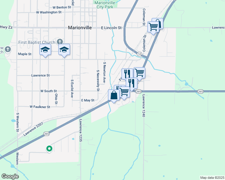 map of restaurants, bars, coffee shops, grocery stores, and more near 501 South Frisco in Marionville