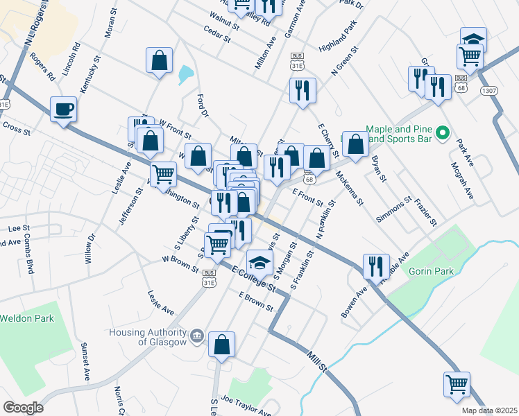 map of restaurants, bars, coffee shops, grocery stores, and more near 115 East Main Street in Glasgow
