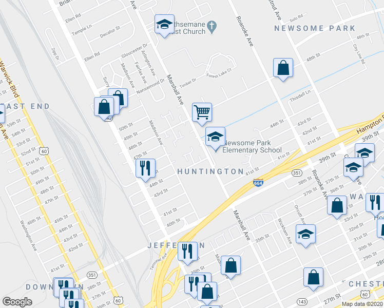 map of restaurants, bars, coffee shops, grocery stores, and more near 4508 Baughman Court in Newport News