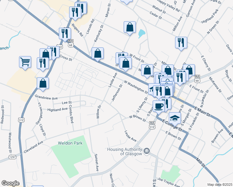 map of restaurants, bars, coffee shops, grocery stores, and more near Jefferson Street in Glasgow