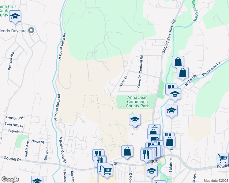 map of restaurants, bars, coffee shops, grocery stores, and more near 4395 Ranchero Drive in Soquel