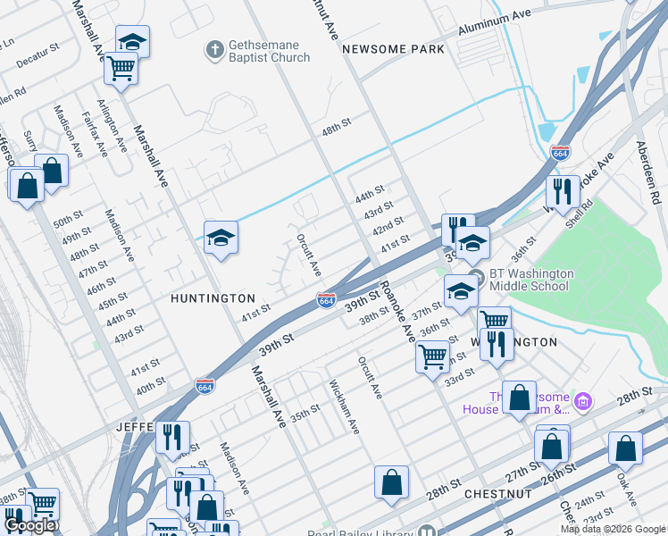 map of restaurants, bars, coffee shops, grocery stores, and more near 1013 41st Street in Newport News