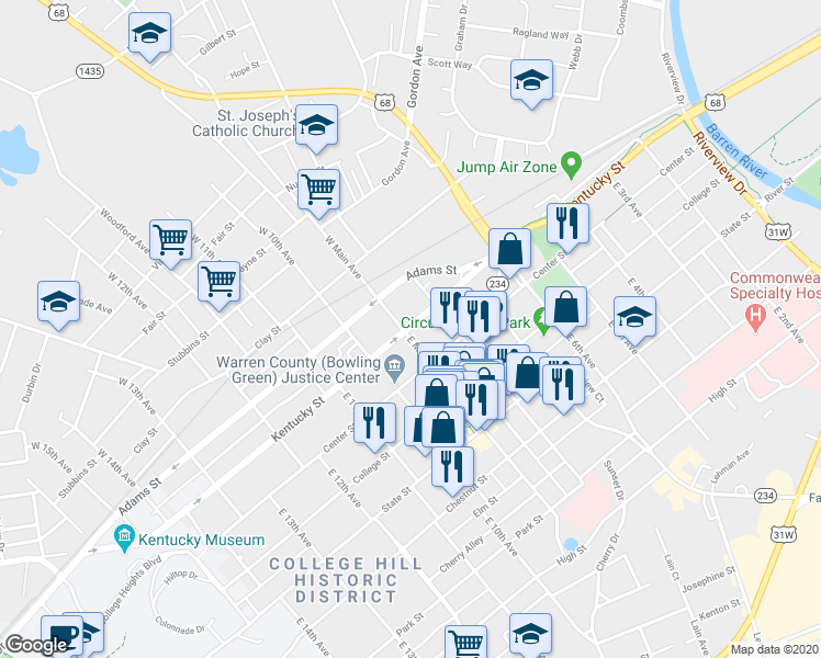 map of restaurants, bars, coffee shops, grocery stores, and more near 200 East Main Avenue in Bowling Green
