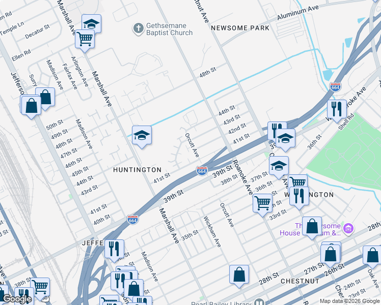 map of restaurants, bars, coffee shops, grocery stores, and more near 4239 Orcutt Avenue in Newport News