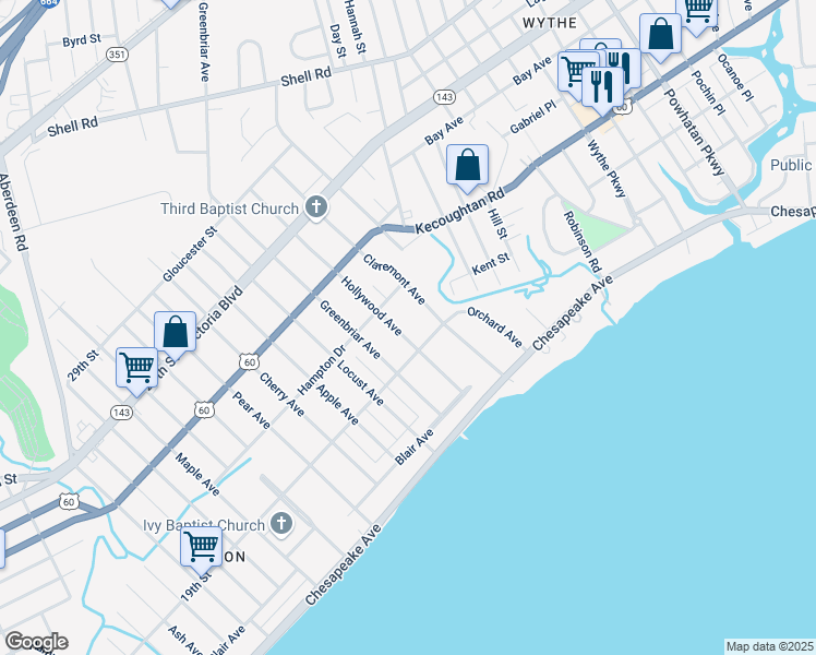map of restaurants, bars, coffee shops, grocery stores, and more near 1205 Shatto Drive in Hampton