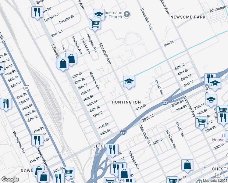 map of restaurants, bars, coffee shops, grocery stores, and more near 4536 Baughman Court in Newport News
