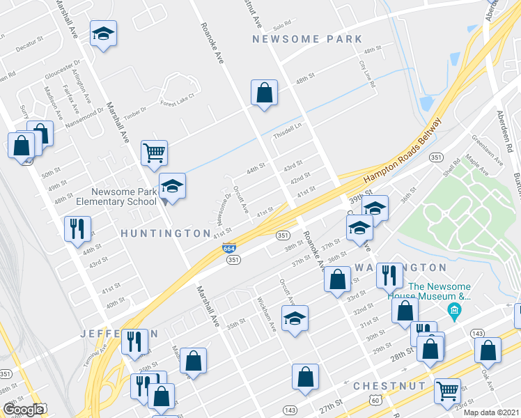 map of restaurants, bars, coffee shops, grocery stores, and more near 1013 41st Street in Newport News
