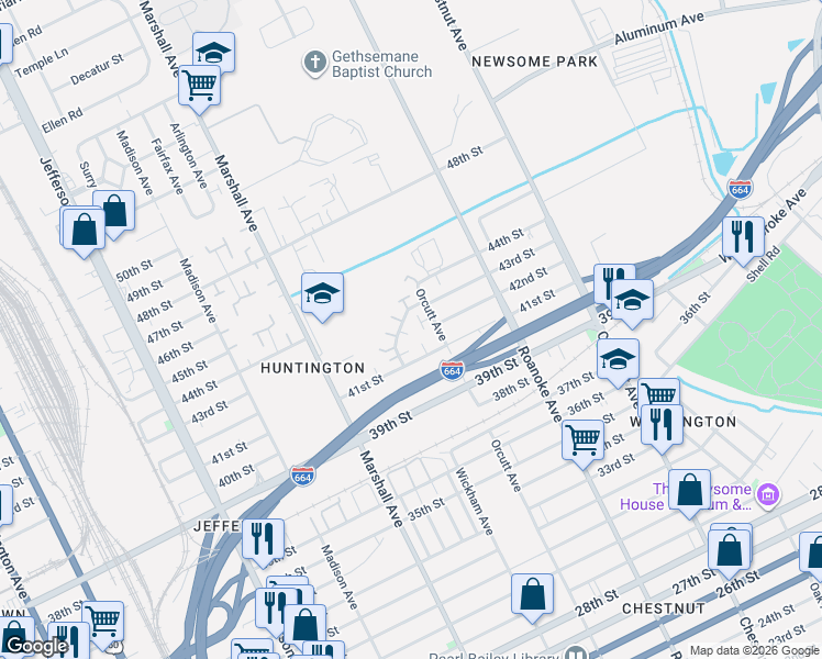 map of restaurants, bars, coffee shops, grocery stores, and more near 4239 Orcutt Avenue in Newport News