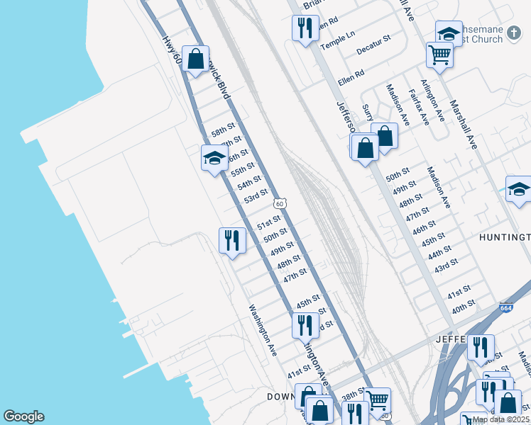 map of restaurants, bars, coffee shops, grocery stores, and more near 316 52nd Street in Newport News