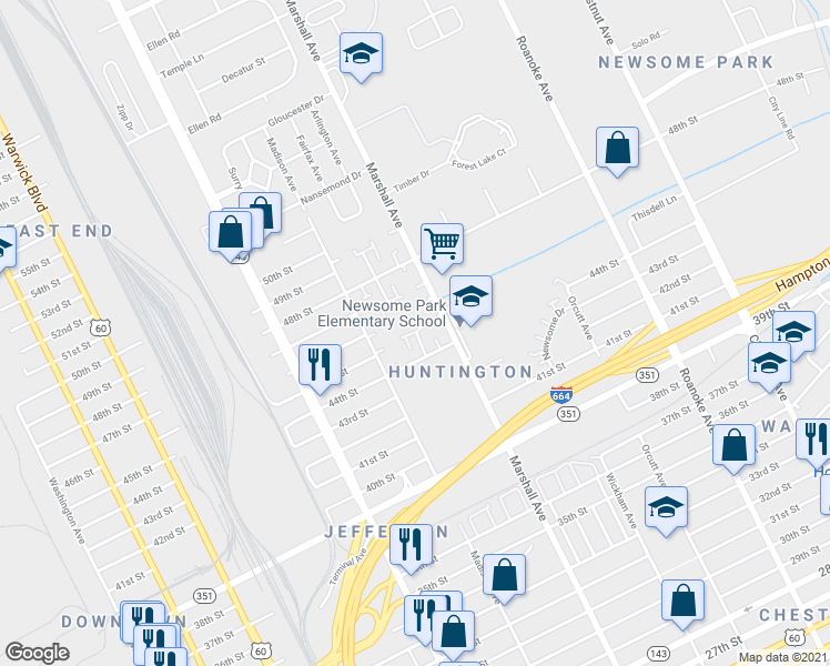 map of restaurants, bars, coffee shops, grocery stores, and more near 4521 Baughman Court in Newport News