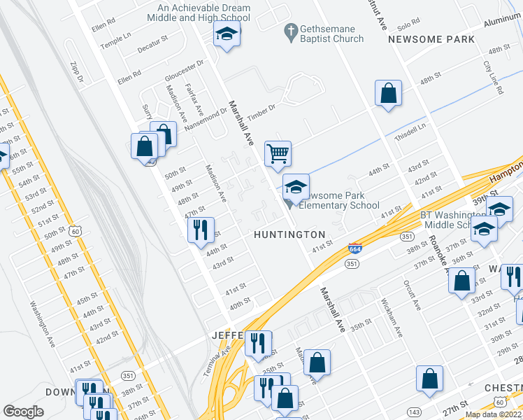 map of restaurants, bars, coffee shops, grocery stores, and more near 4540 Baughman Court in Newport News