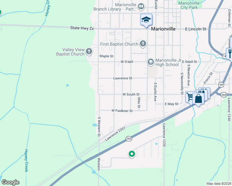 map of restaurants, bars, coffee shops, grocery stores, and more near 501 West South Street in Marionville