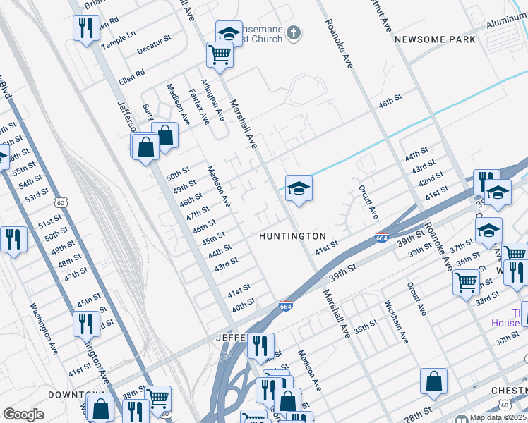 map of restaurants, bars, coffee shops, grocery stores, and more near 4542 Baughman Court in Newport News