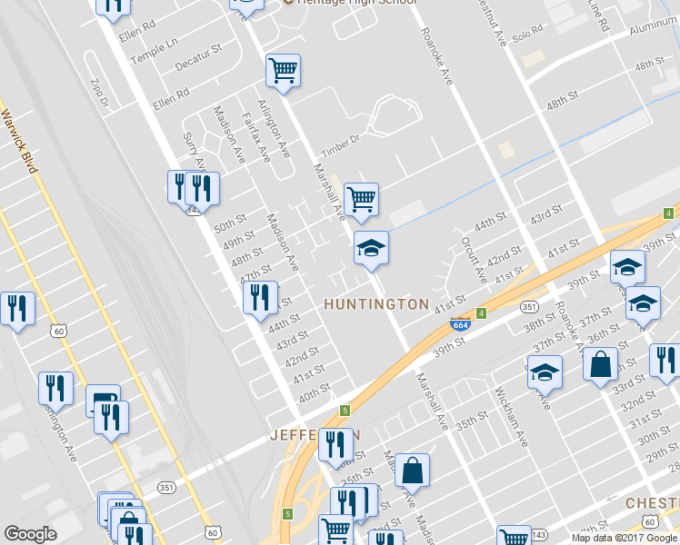 map of restaurants, bars, coffee shops, grocery stores, and more near 4544 Baughman Court in Newport News
