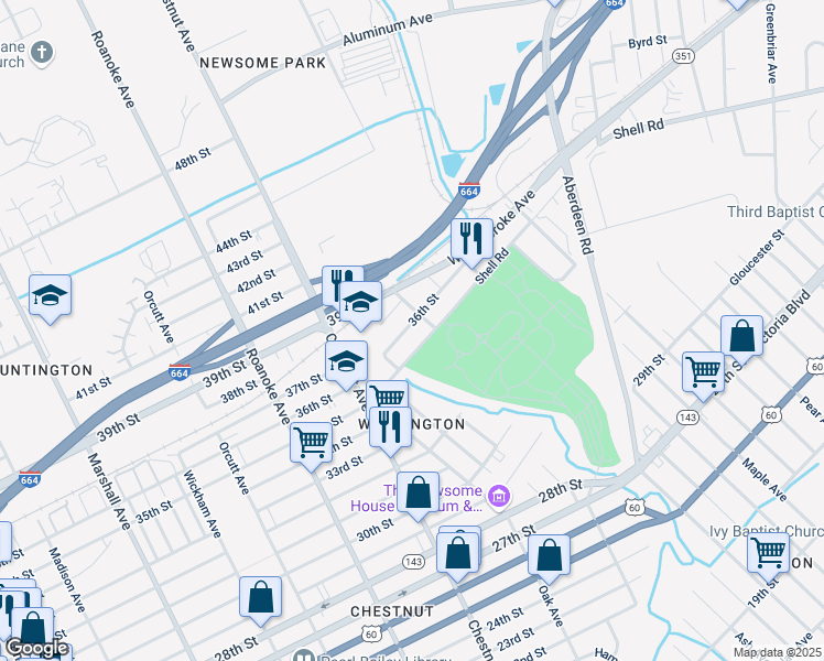 map of restaurants, bars, coffee shops, grocery stores, and more near 1250 36th Street in Newport News