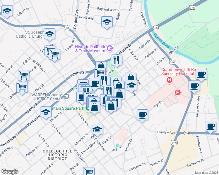 map of restaurants, bars, coffee shops, grocery stores, and more near 638 College Street in Bowling Green