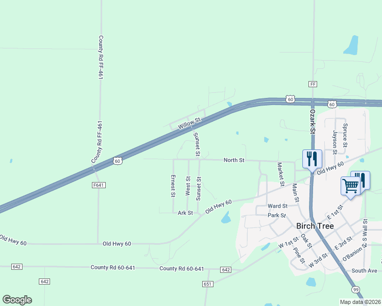 map of restaurants, bars, coffee shops, grocery stores, and more near Sunset Street in Birch Tree