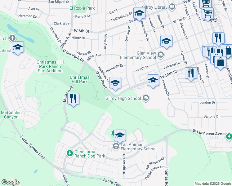 map of restaurants, bars, coffee shops, grocery stores, and more near 7015 Yorktown Drive in Gilroy