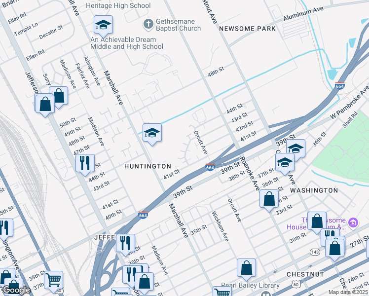 map of restaurants, bars, coffee shops, grocery stores, and more near 827 41st Street in Newport News