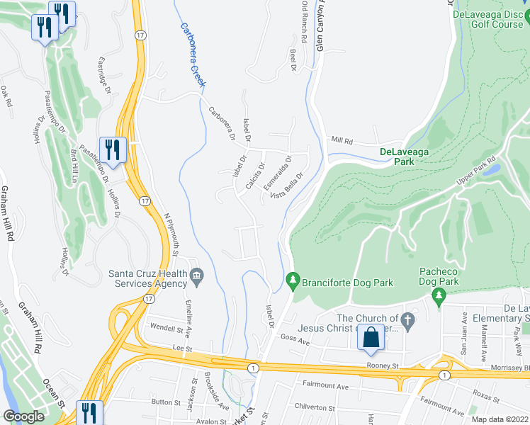 map of restaurants, bars, coffee shops, grocery stores, and more near 101 Esmeralda Drive in Santa Cruz