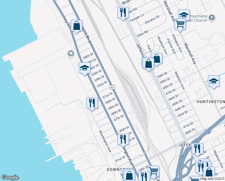 map of restaurants, bars, coffee shops, grocery stores, and more near 351 51st Street in Newport News