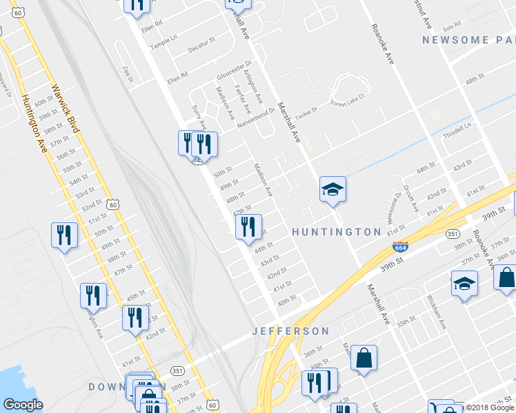 map of restaurants, bars, coffee shops, grocery stores, and more near 628 47th Street in Newport News