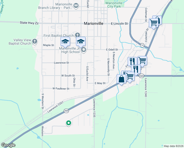 map of restaurants, bars, coffee shops, grocery stores, and more near 515 South Central Avenue in Marionville