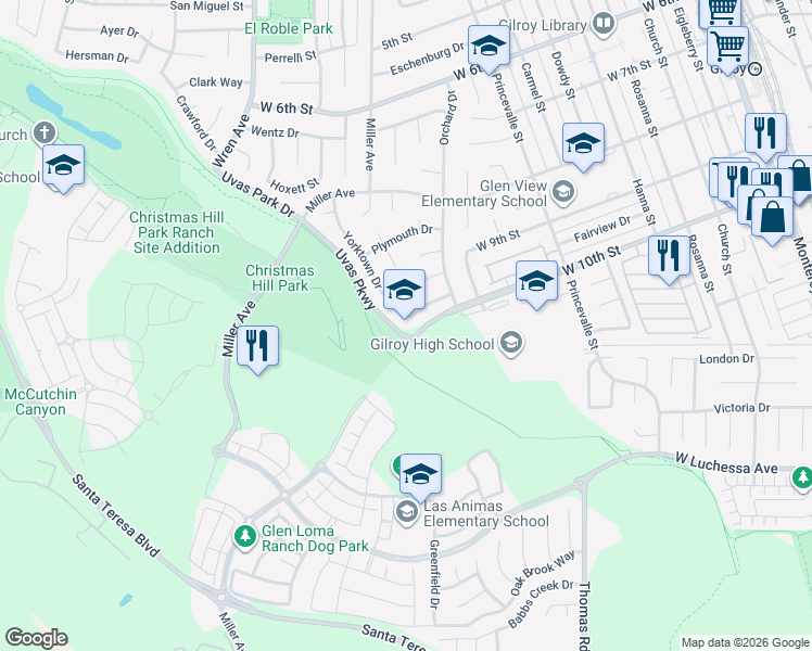 map of restaurants, bars, coffee shops, grocery stores, and more near 7015 Yorktown Drive in Gilroy