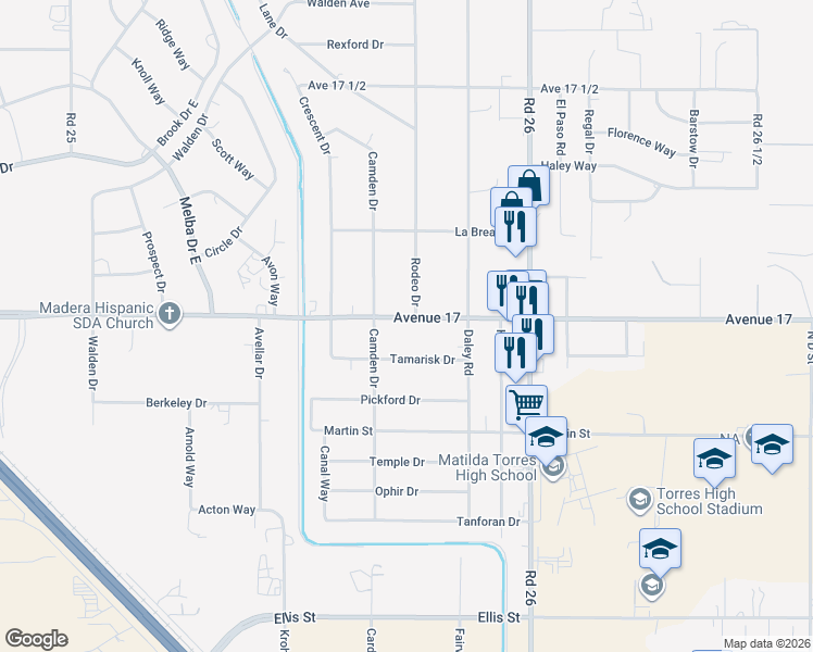 map of restaurants, bars, coffee shops, grocery stores, and more near 25732 Avenue 17 in Madera